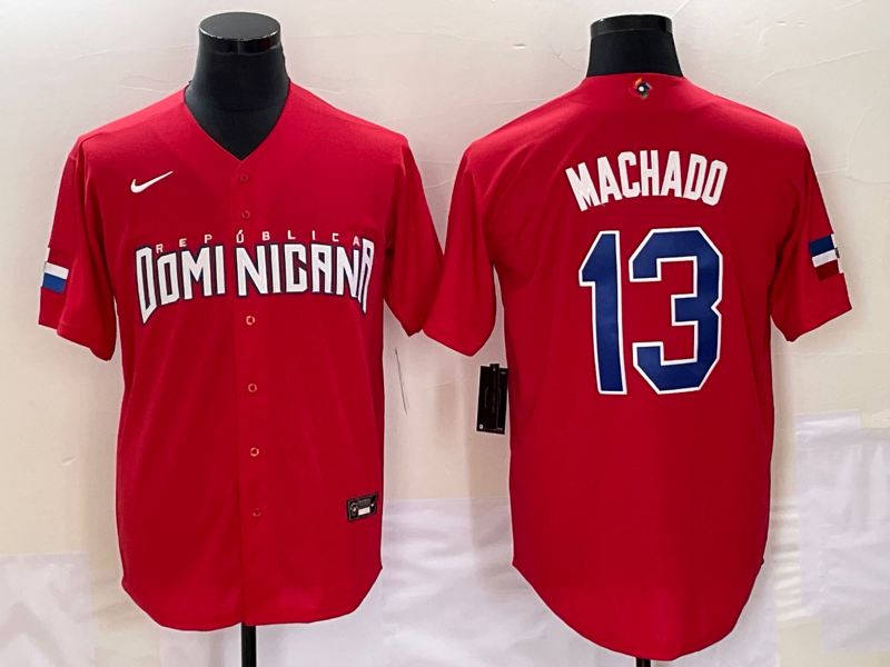 Men's Dominican Republic Baseball #13 Manny Machado 2023 Red World Baseball Classic Stitched Jersey